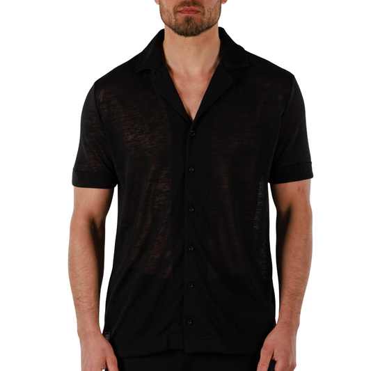 BLACK | Mens Linen Shirt Short Sleeve