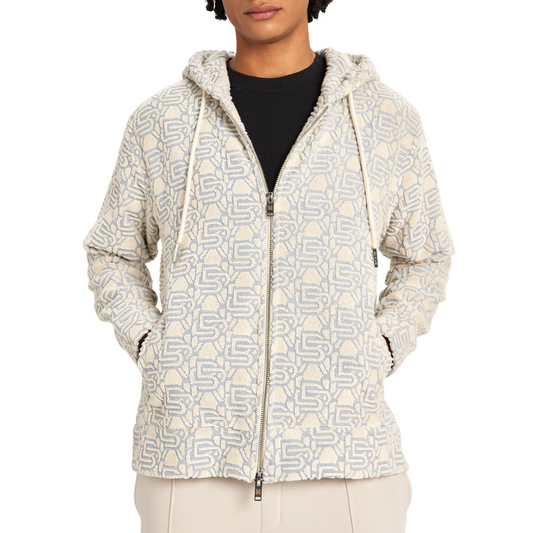Monogram Zip Hoodie | ECRU/SKY BLUE