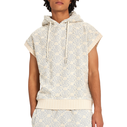 Sleeveless Monogram Hoodie | ECRU/SKY BLUE